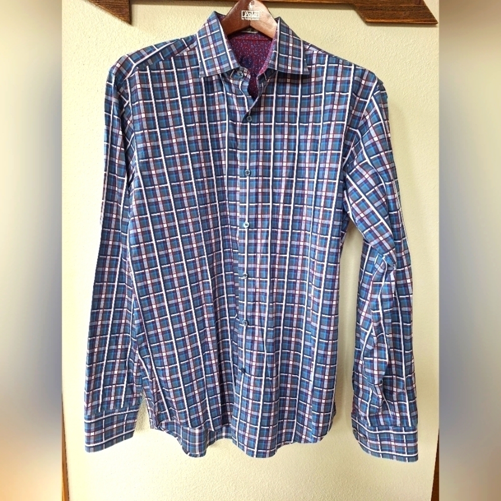 Bugatchi Shaped Fit Mens Plaid Button Down Shirt M/L